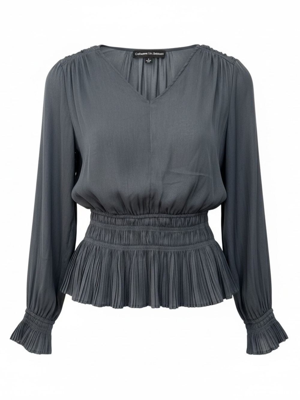 Catherine Malandrino Pleated Peplum Blouse Gray Blue Smocked Romantic Top S